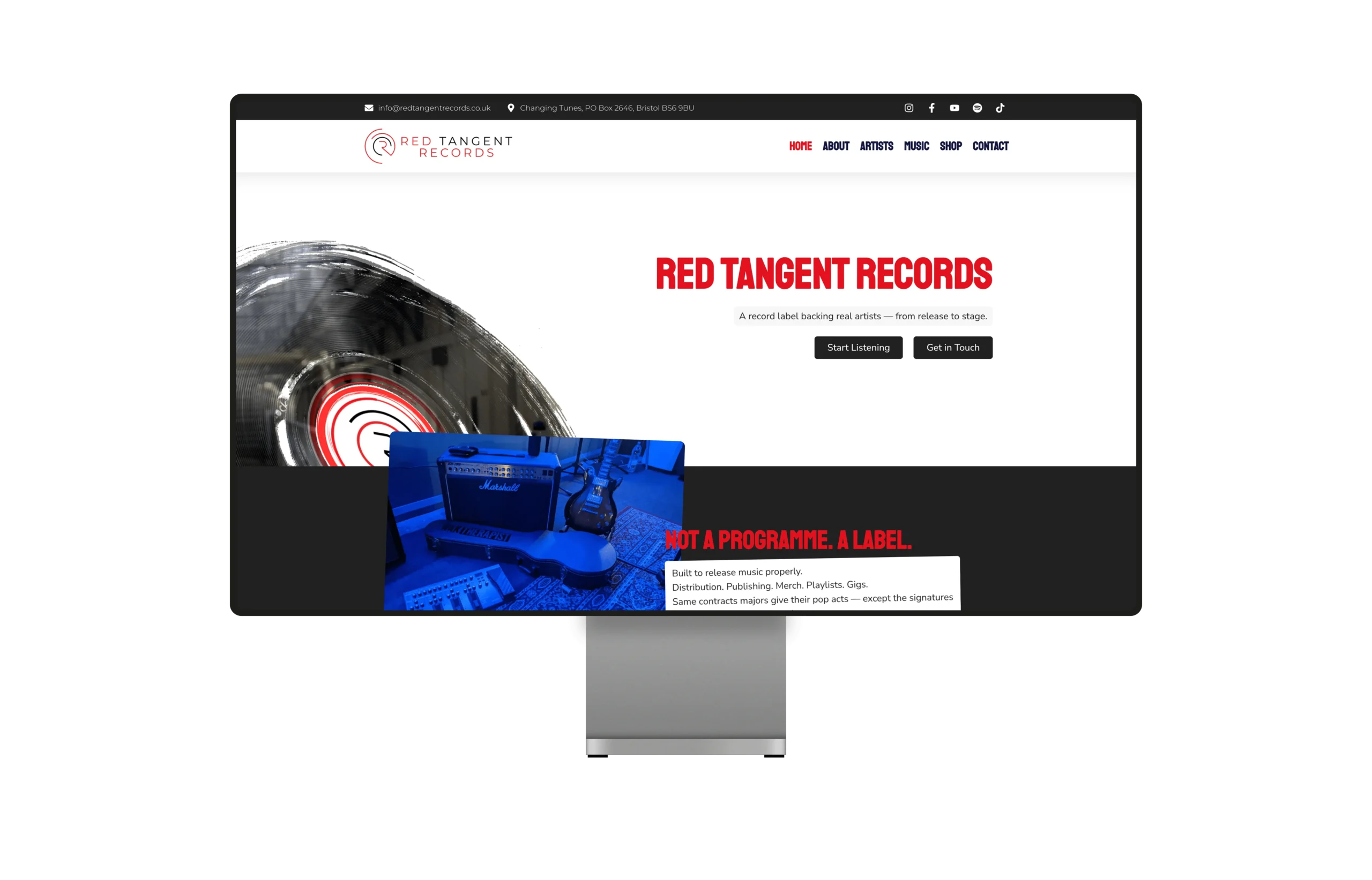 Desktop-Mockup der Website-Startseite von Red Tangent Records mit modernem Layout