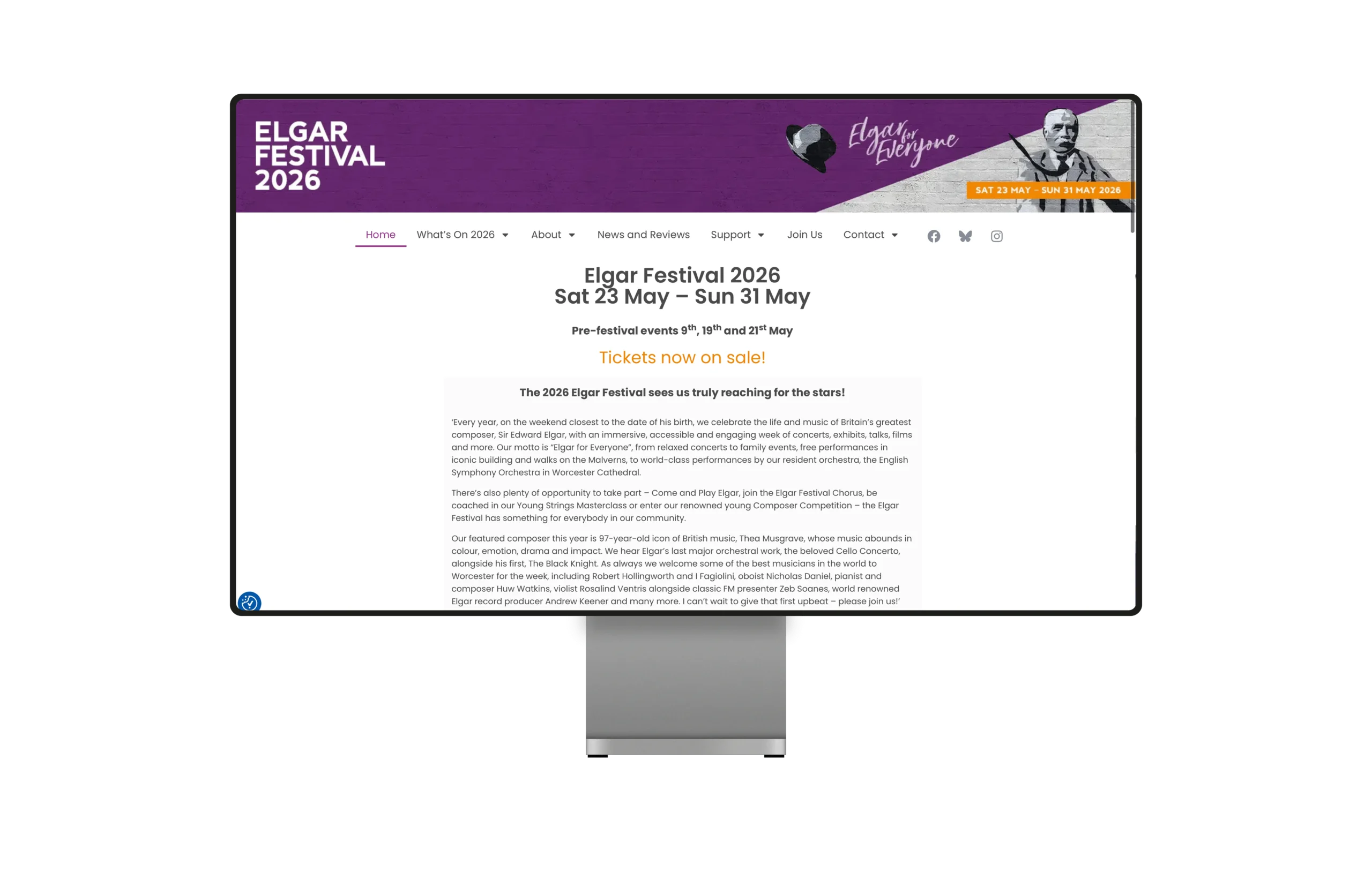 Desktop-Mockup der Website-Startseite von The Elgar Festival mit modernem Layout