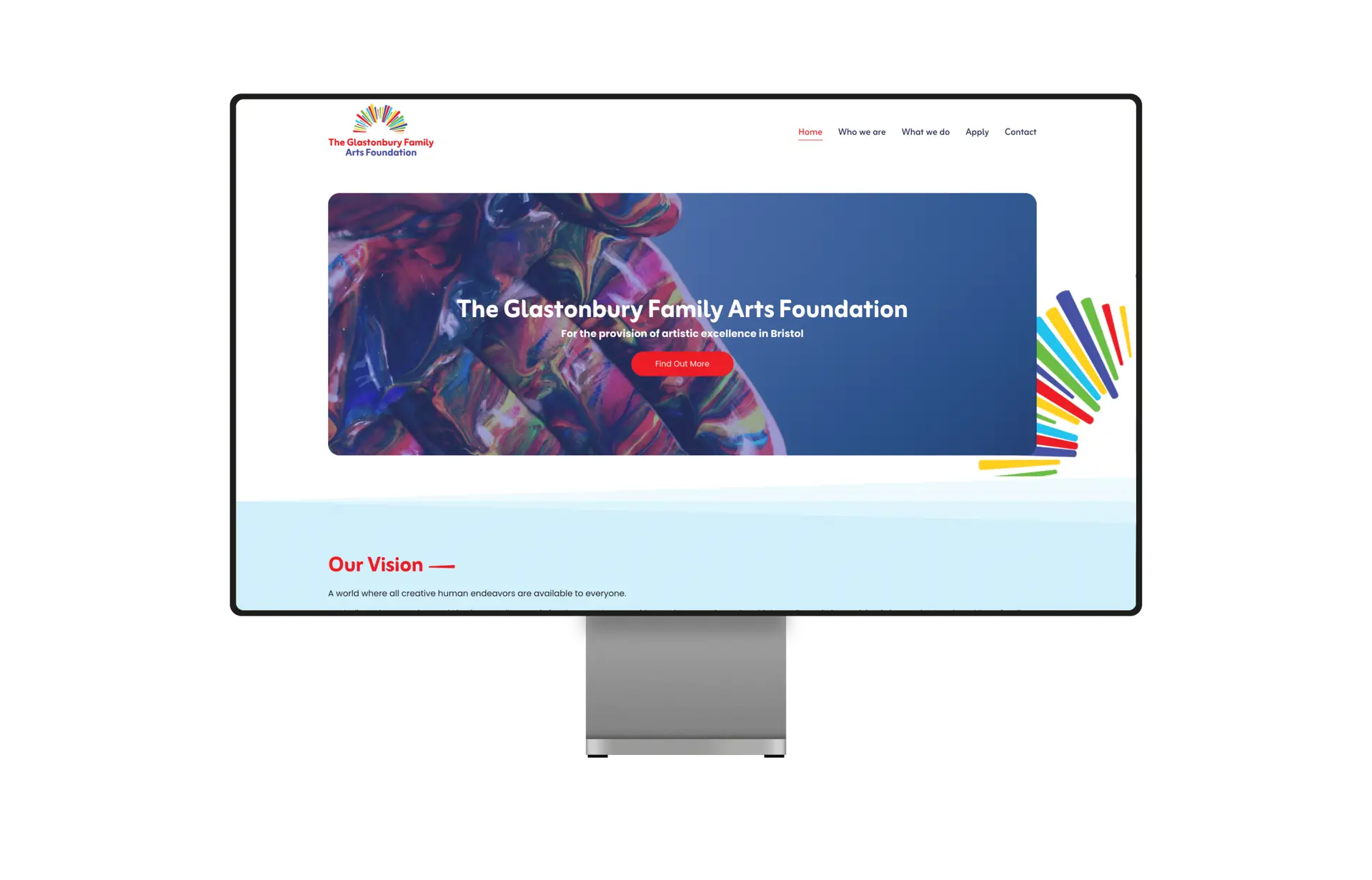 Desktop-Mockup der Website-Startseite von Glastonbury Family Arts Foundation mit modernem Layout